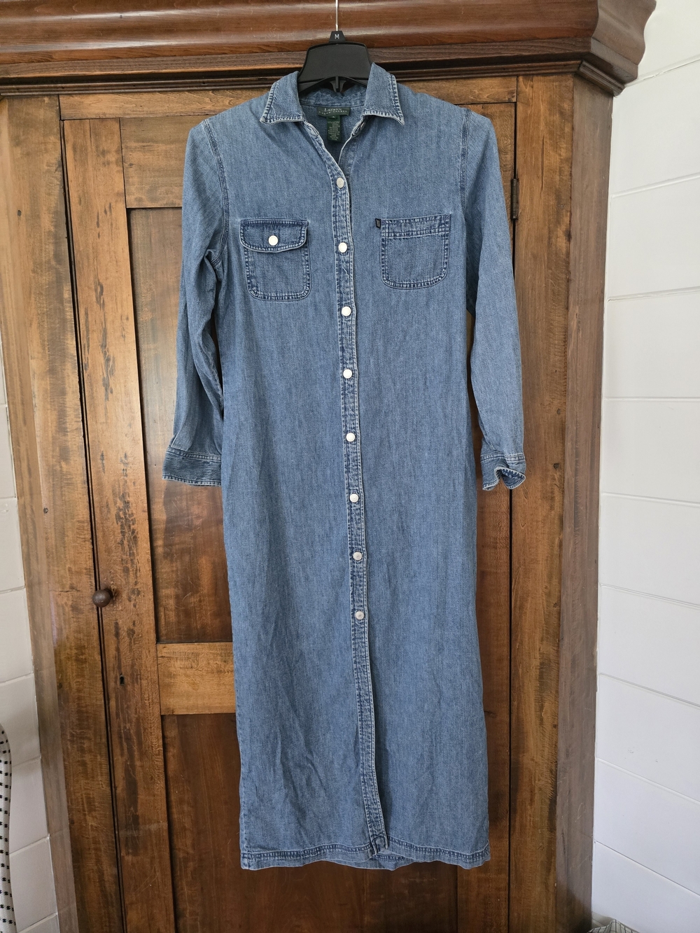 O Ralph Lauren Vintage Denim Button-Front Maxi Dress Light Wash All Cotton Sz 10